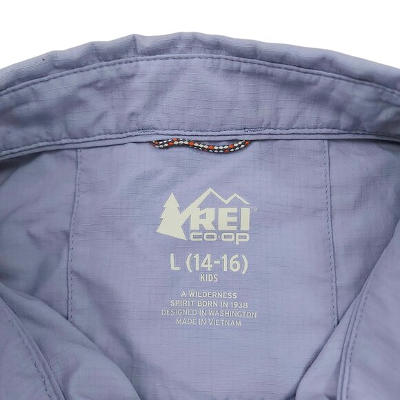 Rei-coop Ripstop Shirt Kids 14-16 Blue Roll Tab Sleeve Snaps Outdoor Hiking - Picture 11 of 12